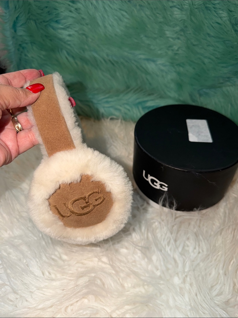 New UGG Suede Shearling Earmuffs in Chestnut and Cream OS